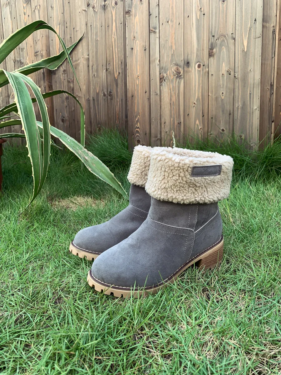 Grey Plush-Lined Fold-Over Boot