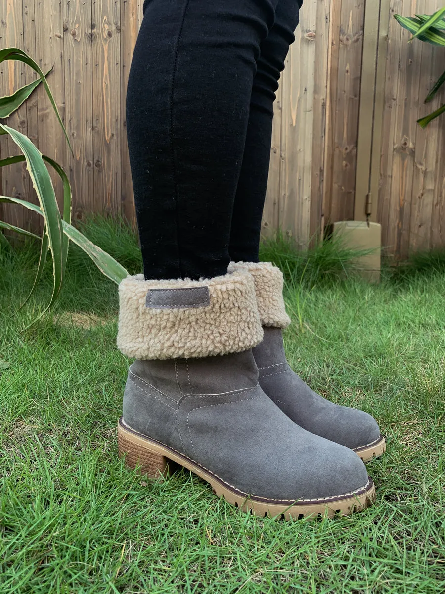 Grey Plush-Lined Fold-Over Boot
