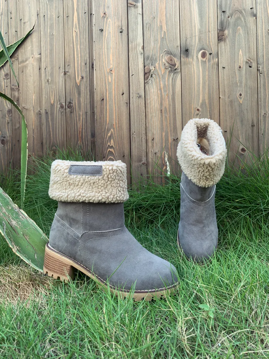 Grey Plush-Lined Fold-Over Boot