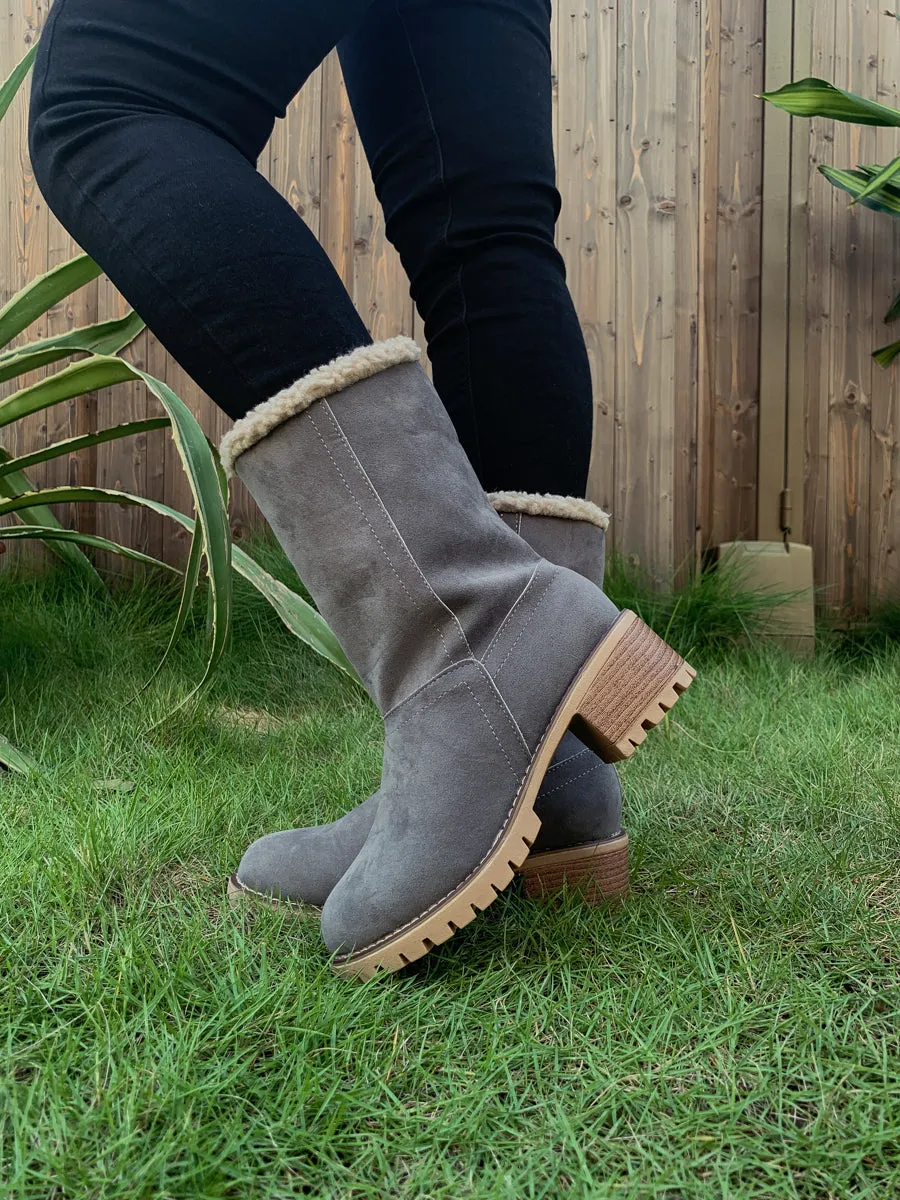 Grey Plush-Lined Fold-Over Boot
