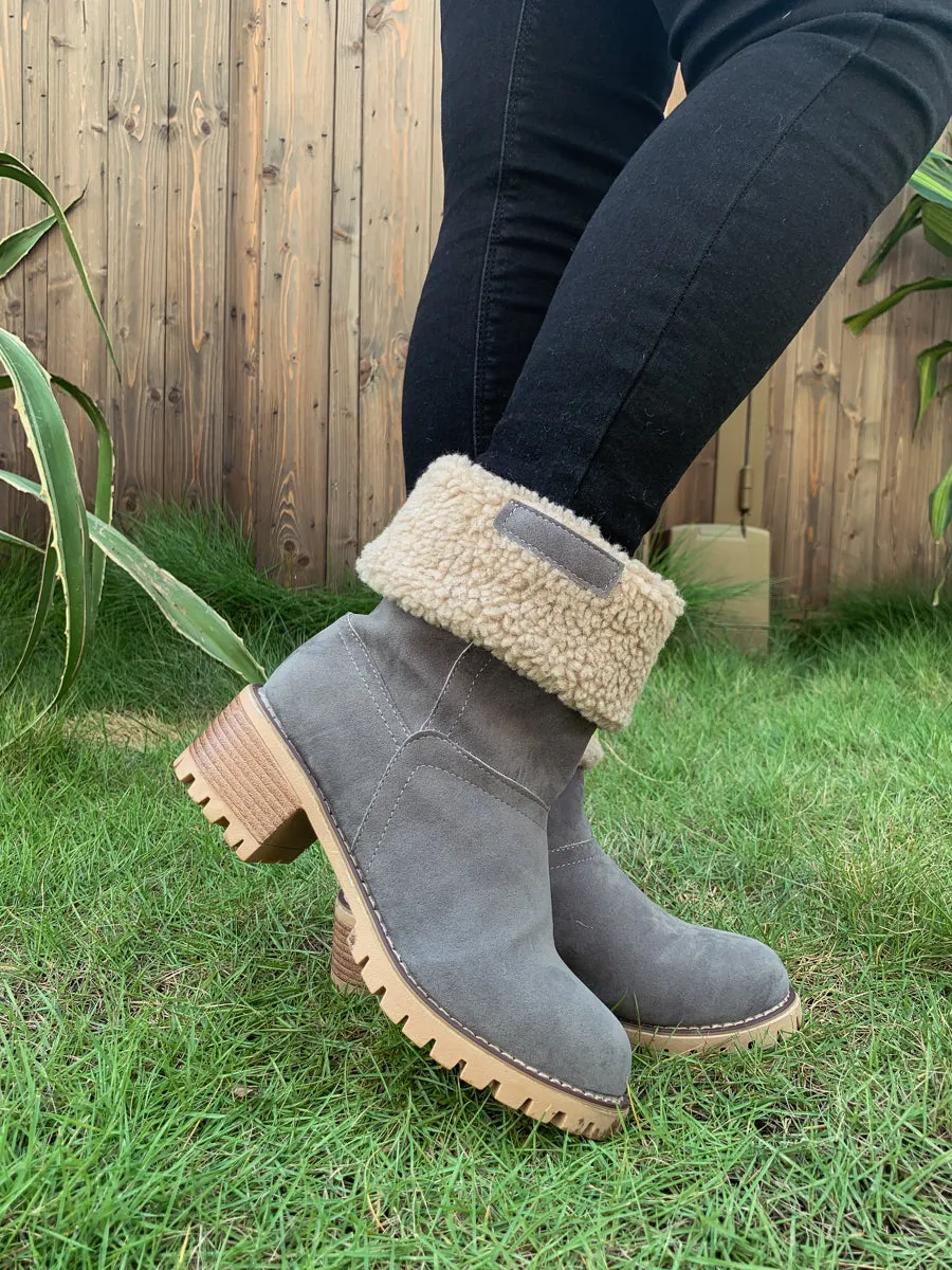 Grey Plush-Lined Fold-Over Boot