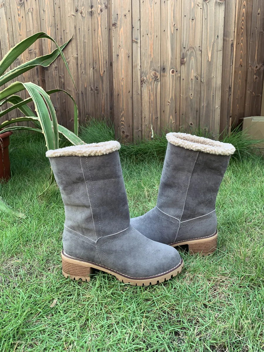 Grey Plush-Lined Fold-Over Boot