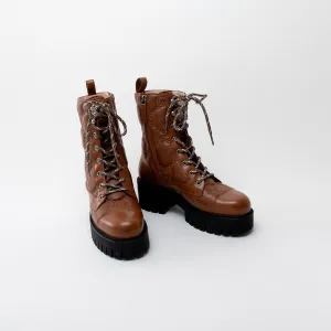 Gucci Monogram Brown Leather Combat Boots Size 38.5