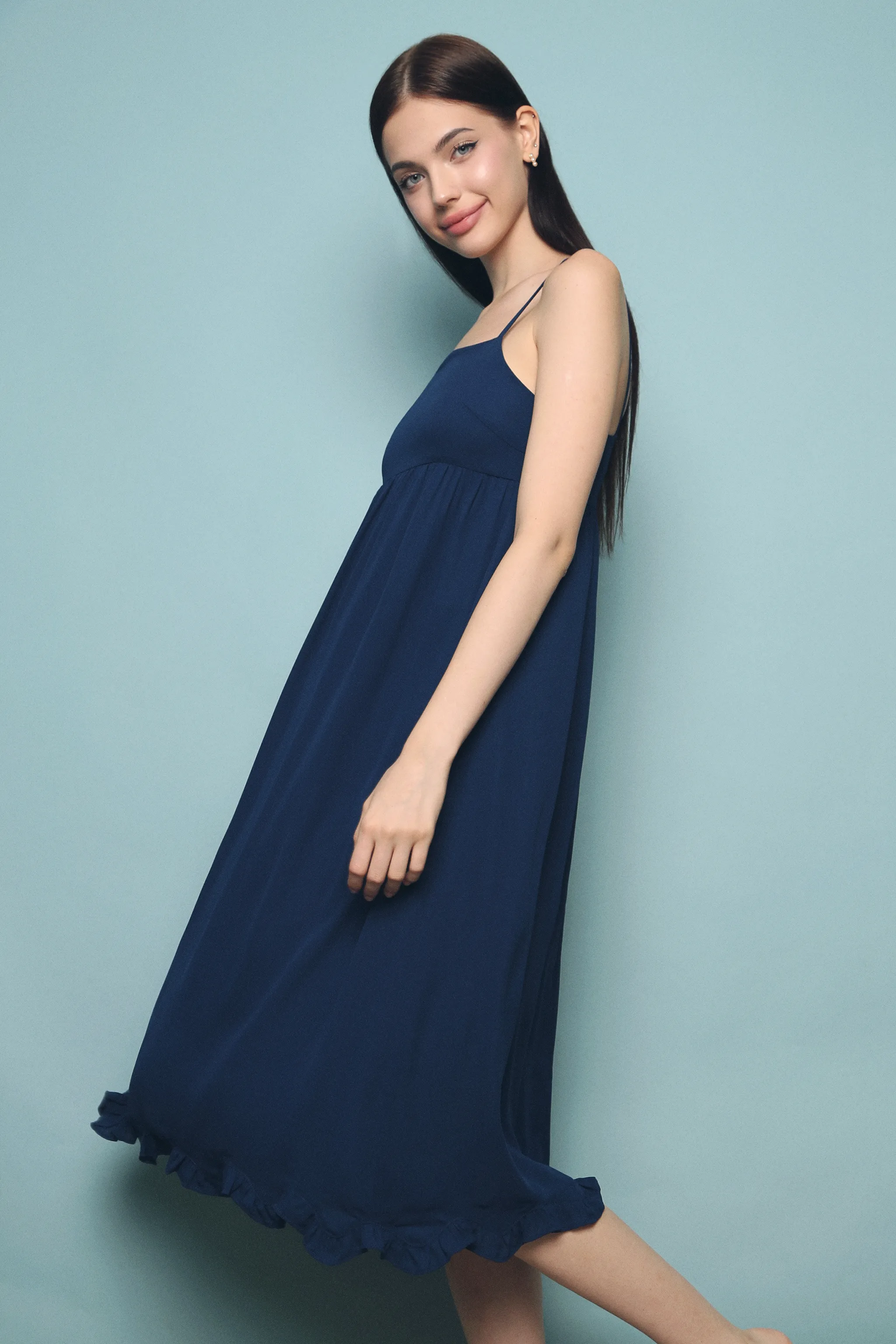 Hazel Scallop Hem Midi Dress Navy