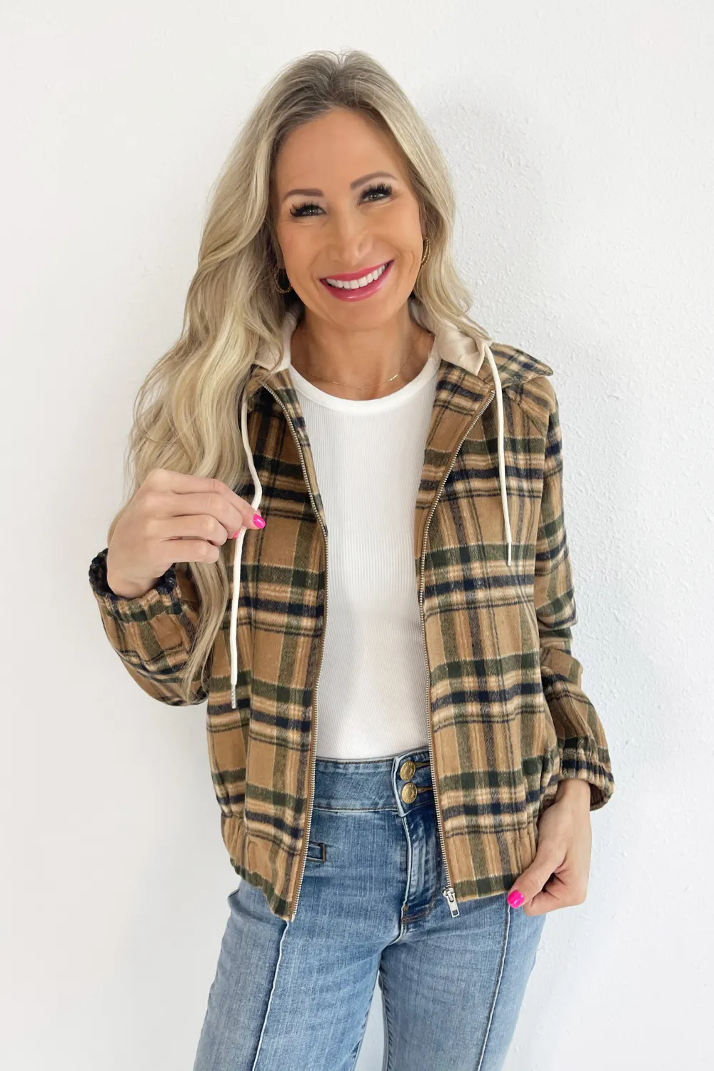 Hooded Plaid Zipper Hoodie