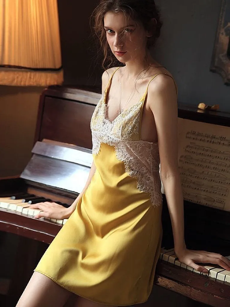 Lace-trimmed Yellow Satin Slip Dress