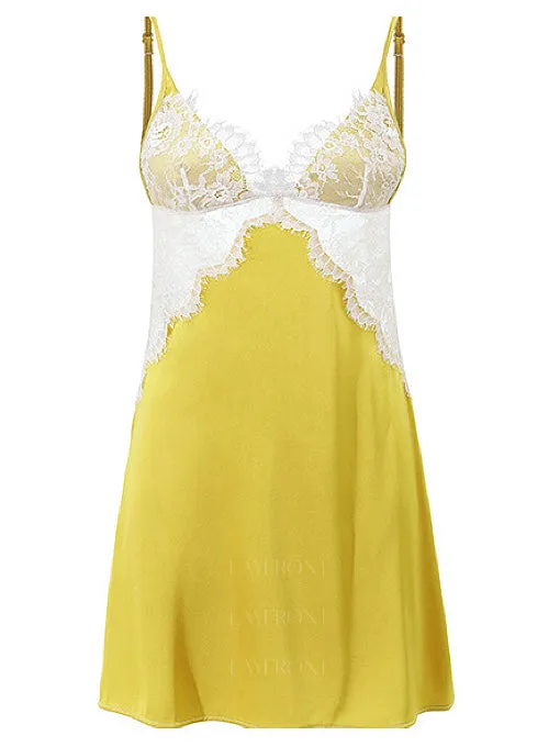 Lace-trimmed Yellow Satin Slip Dress