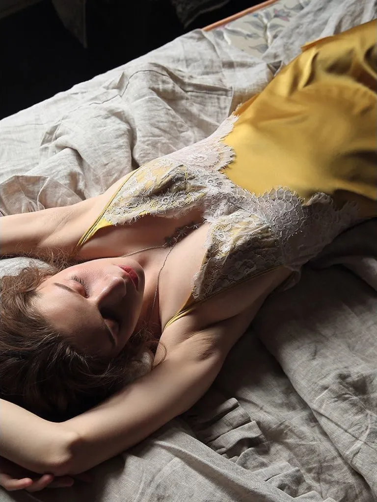Lace-trimmed Yellow Satin Slip Dress