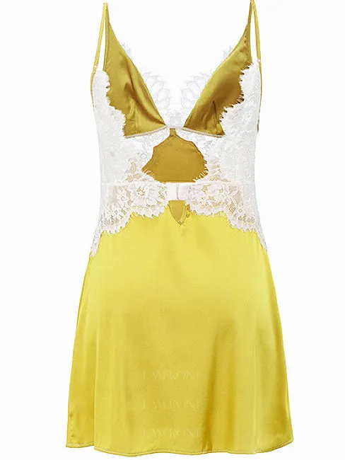 Lace-trimmed Yellow Satin Slip Dress