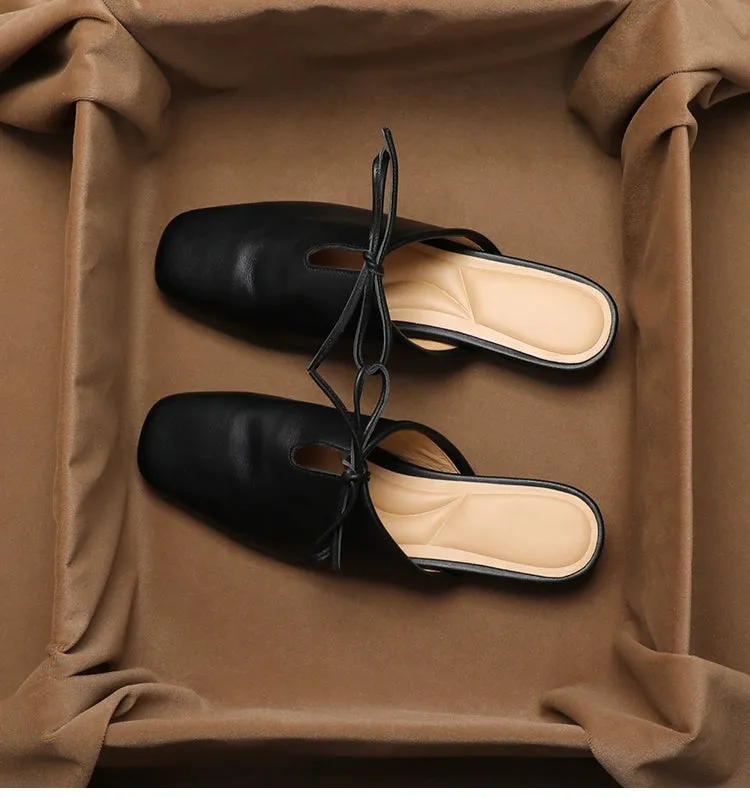 Leather Korean French Lace Up Style - Slip On Sandal Shoe