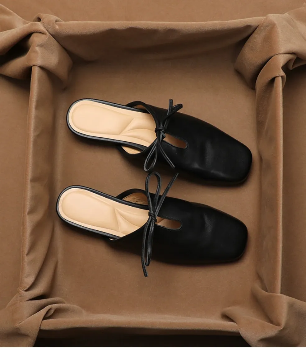 Leather Korean French Lace Up Style - Slip On Sandal Shoe