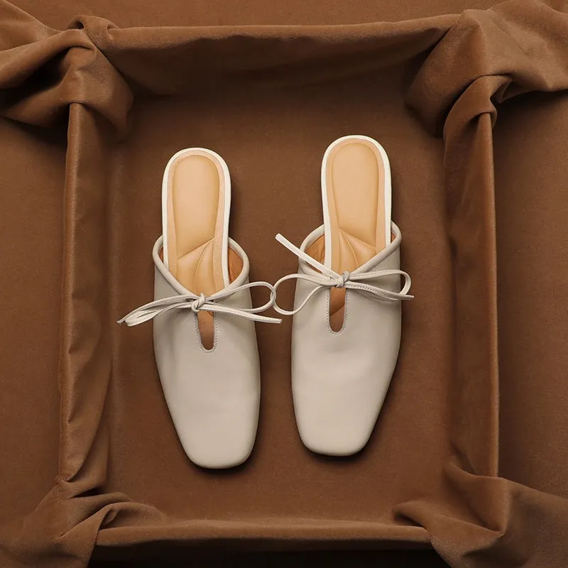 Leather Korean French Lace Up Style - Slip On Sandal Shoe