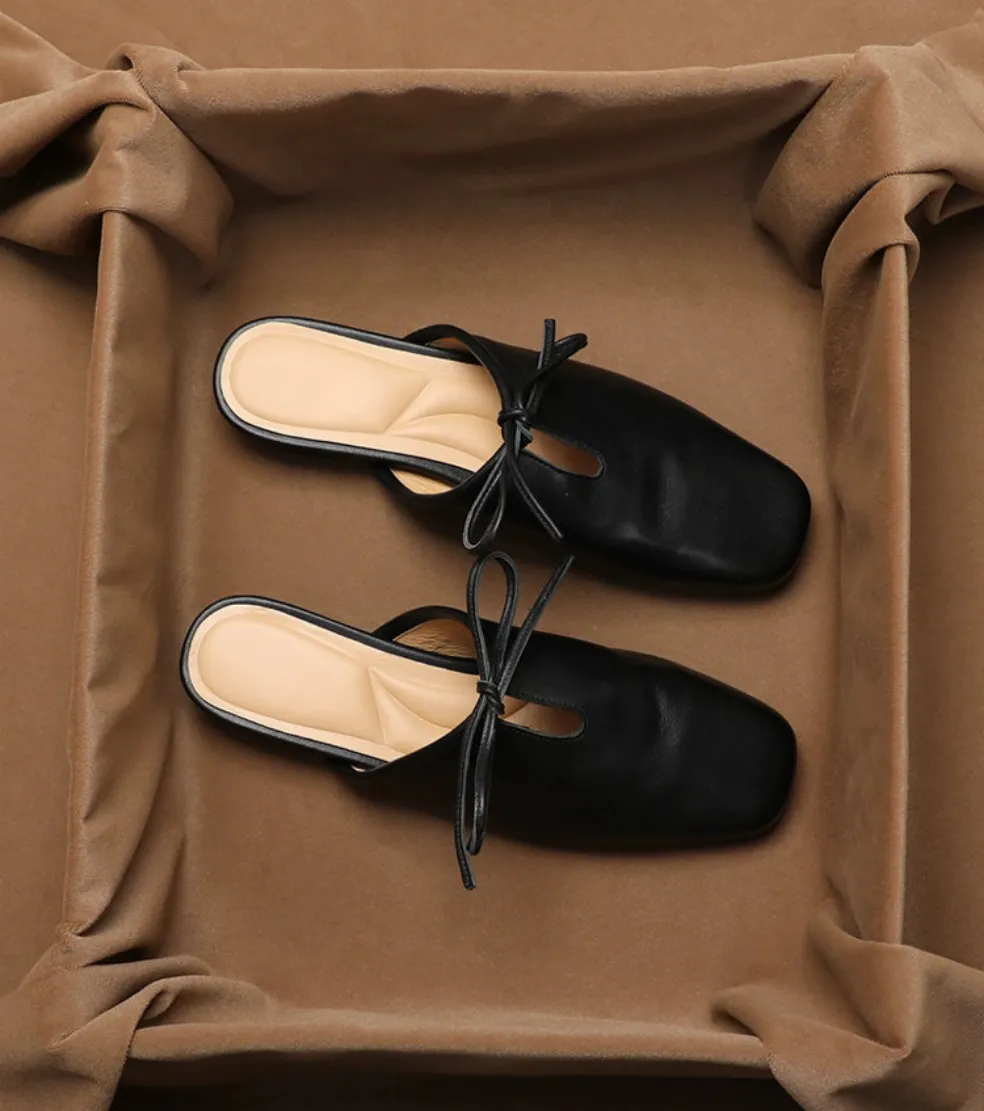 Leather Korean French Lace Up Style - Slip On Sandal Shoe