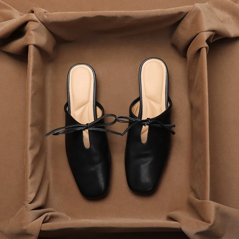 Leather Korean French Lace Up Style - Slip On Sandal Shoe