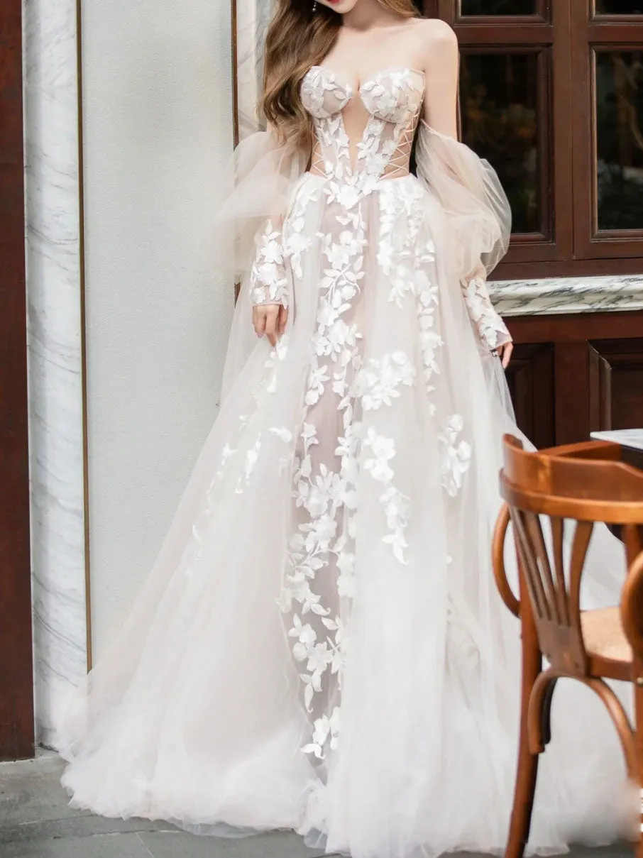 Light champagne tulle lace long prom dress, lace evening dress