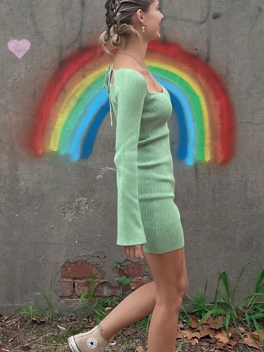 Low Neck Tie Open Back Knit Dress - Mint