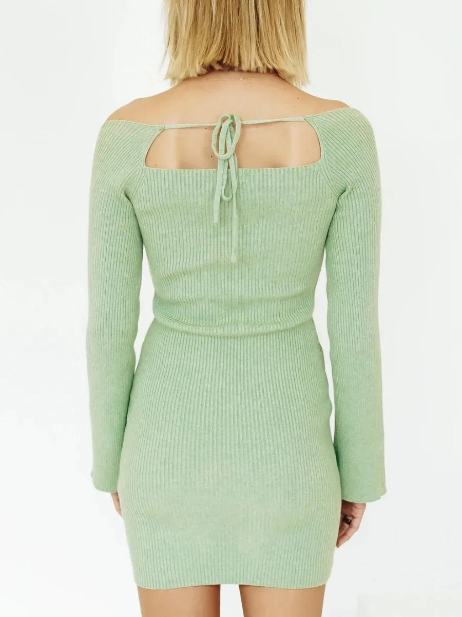 Low Neck Tie Open Back Knit Dress - Mint