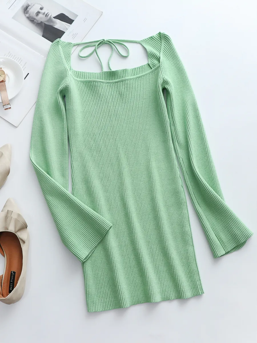 Low Neck Tie Open Back Knit Dress - Mint