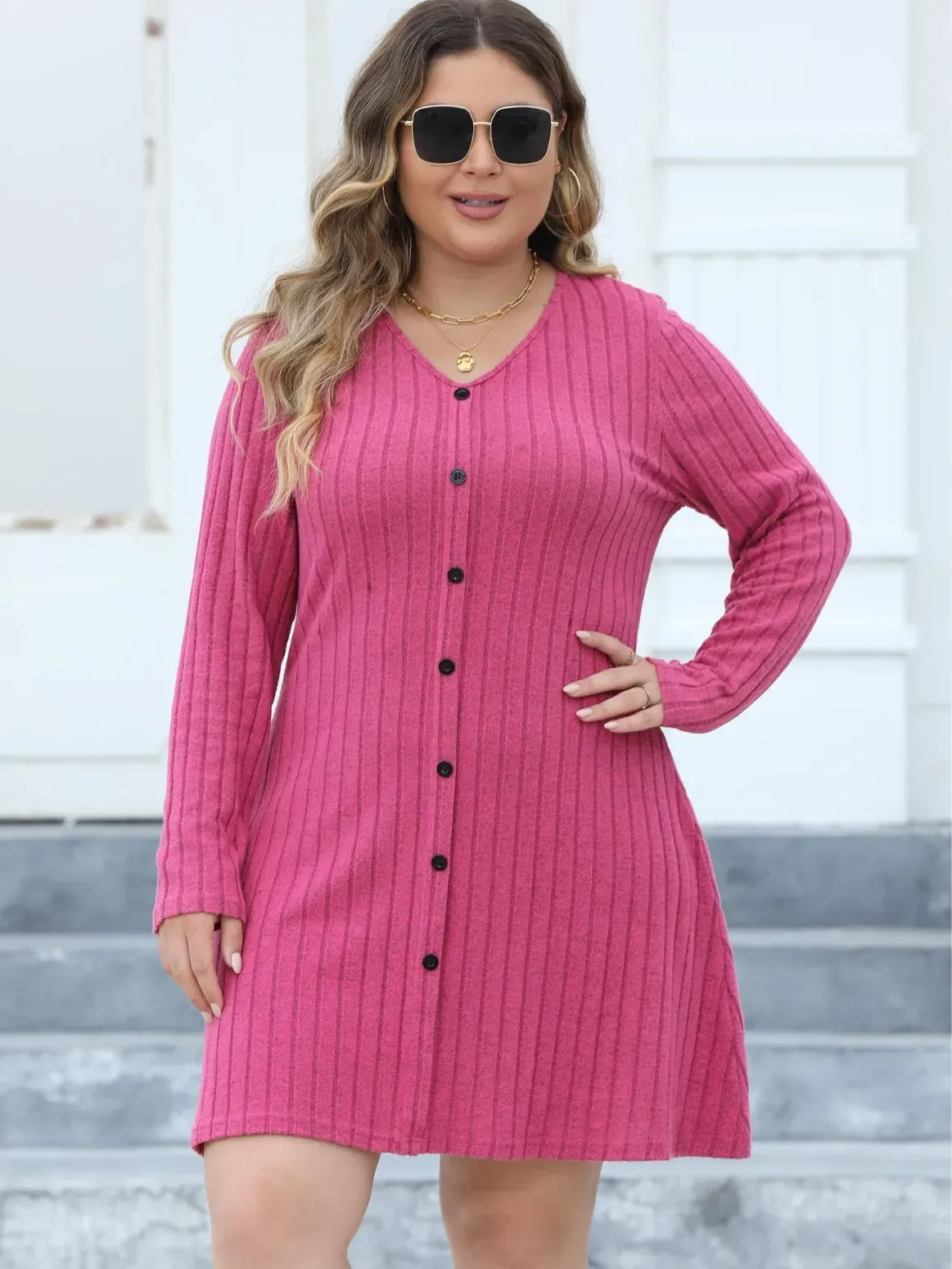 Mara Plus Size Belted Button-Down Ribbed Knit Mini Dress