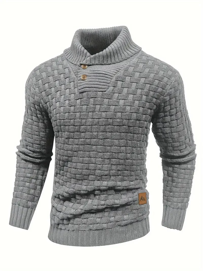Men’s Knit Sweater – Navy Waffle Texture – Button Collar Detail