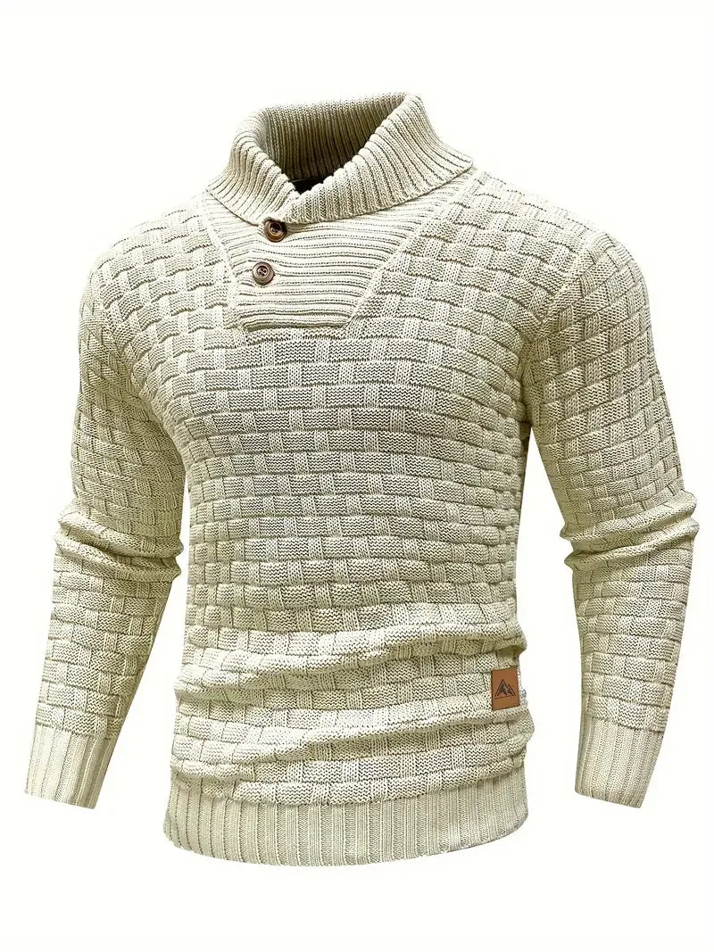 Men’s Knit Sweater – Navy Waffle Texture – Button Collar Detail