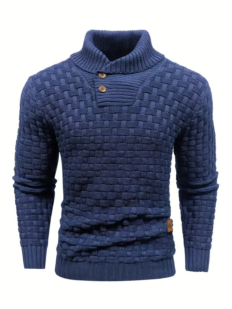 Men’s Knit Sweater – Navy Waffle Texture – Button Collar Detail