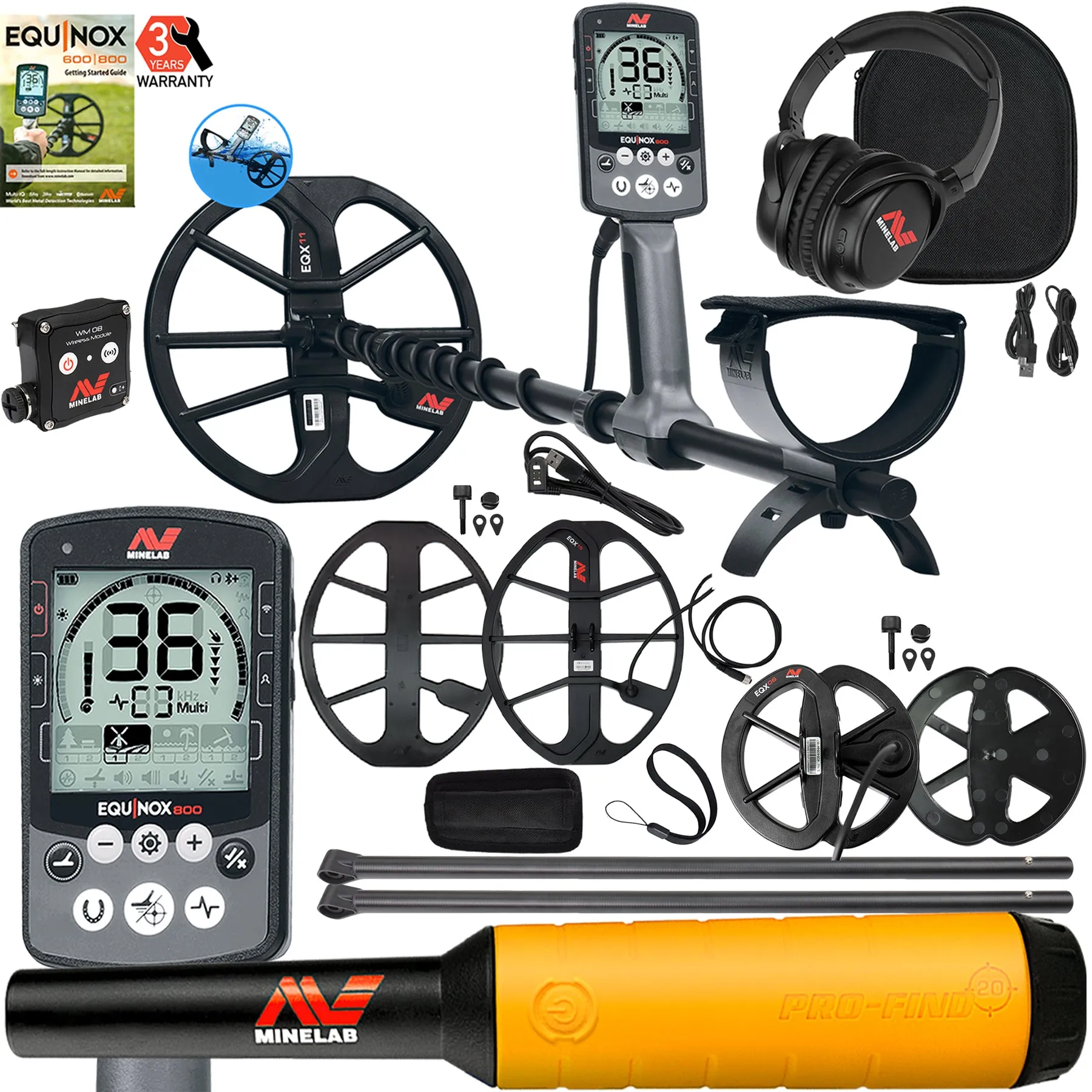 Minelab EQUINOX 800 Metal Detector 15" Coils, Lower Shafts, Pro-Find 20, and 6" Coil