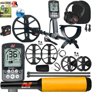 Minelab EQUINOX 800 Metal Detector 15" Coils, Lower Shafts, Pro-Find 20, and 6" Coil