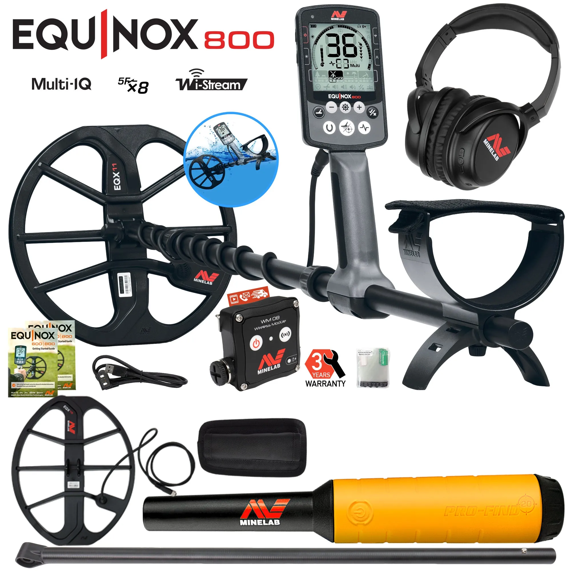Minelab EQUINOX 800 Metal Detector with 15" Coil, Lower Shaft, and Pro-Find 20