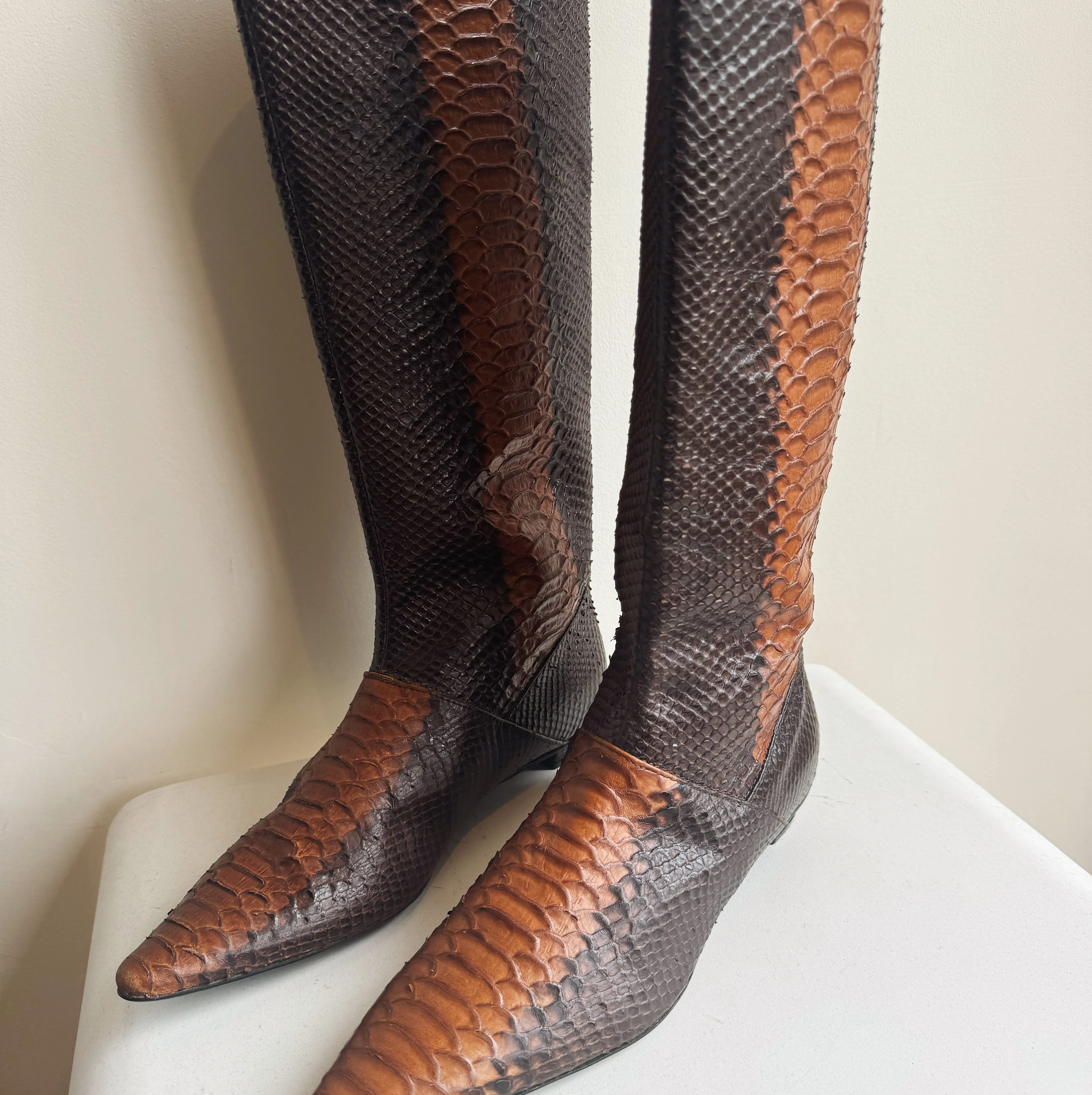 Mixed Brown Snakeskin Knee High Boots | Size 9