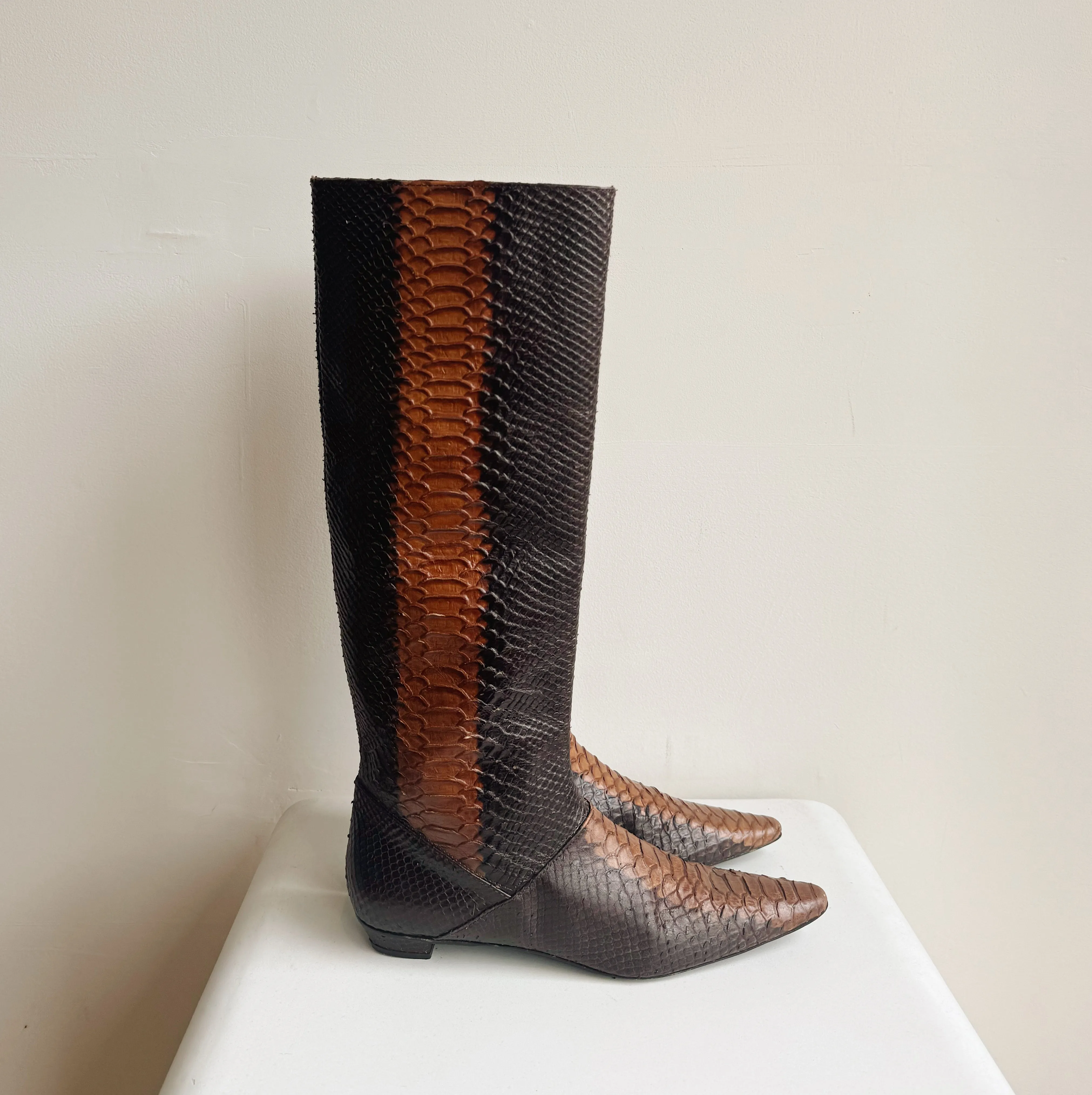 Mixed Brown Snakeskin Knee High Boots | Size 9