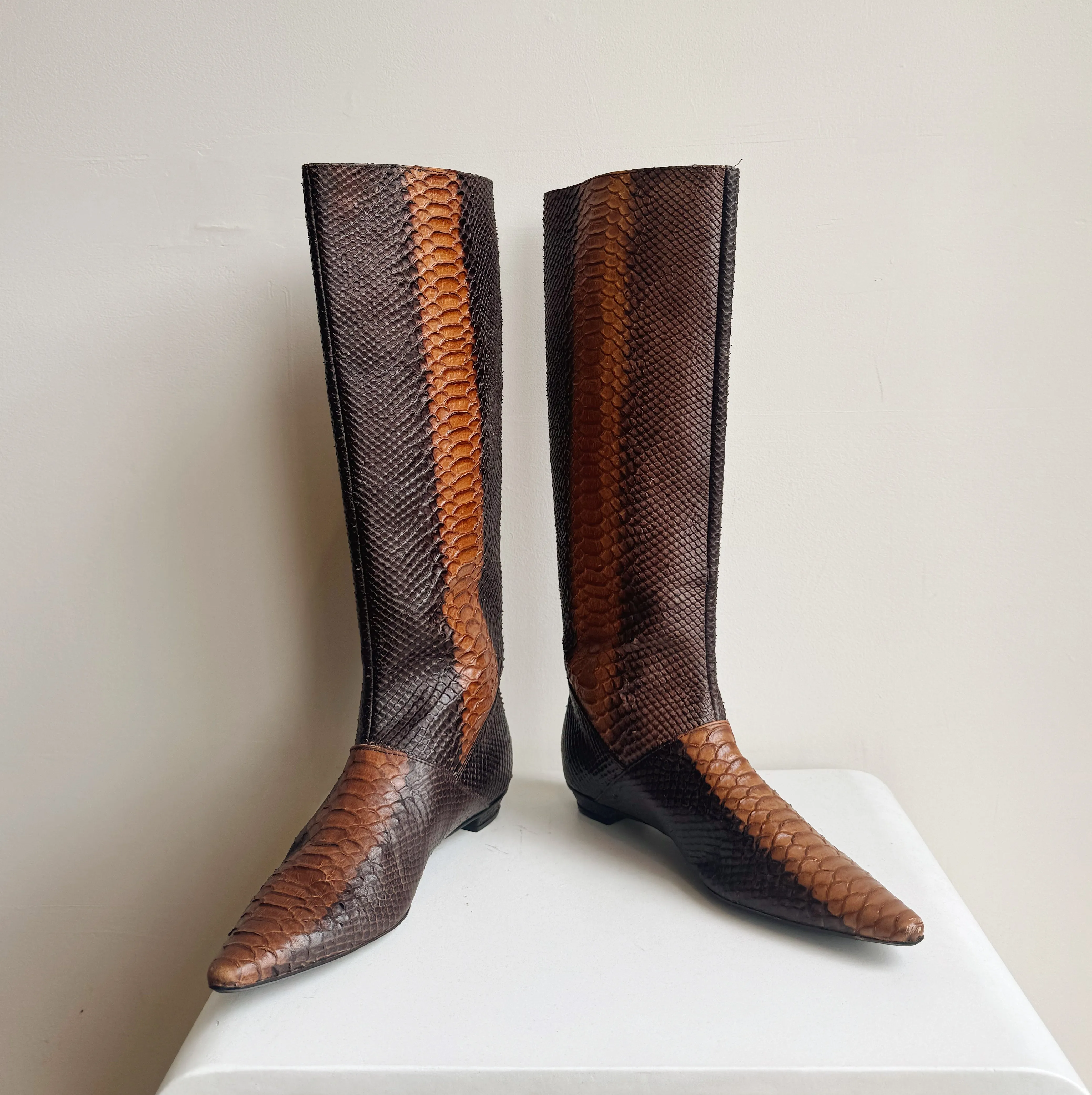 Mixed Brown Snakeskin Knee High Boots | Size 9