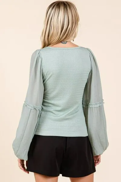 Mixed Textured Knit Chiffon Long Sleeve Top