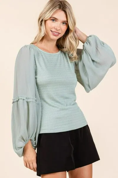 Mixed Textured Knit Chiffon Long Sleeve Top