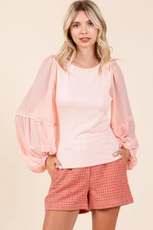 Mixed Textured Knit Chiffon Long Sleeve Top