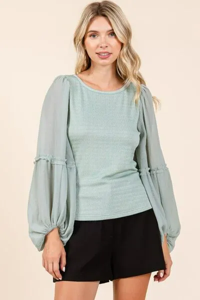 Mixed Textured Knit Chiffon Long Sleeve Top