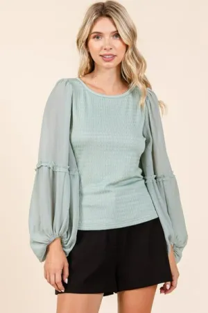 Mixed Textured Knit Chiffon Long Sleeve Top