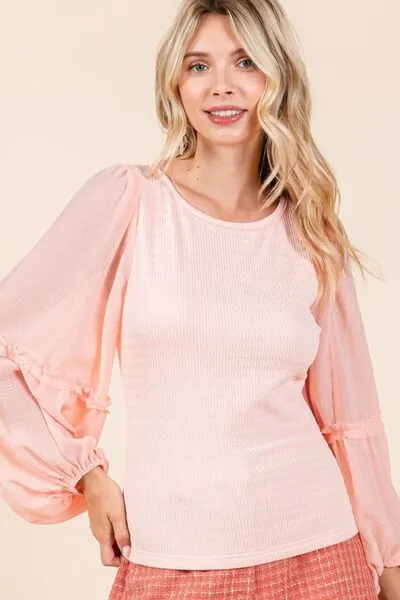 Mixed Textured Knit Chiffon Long Sleeve Top