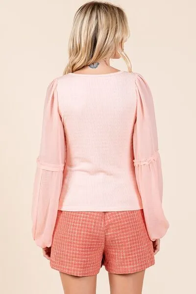 Mixed Textured Knit Chiffon Long Sleeve Top