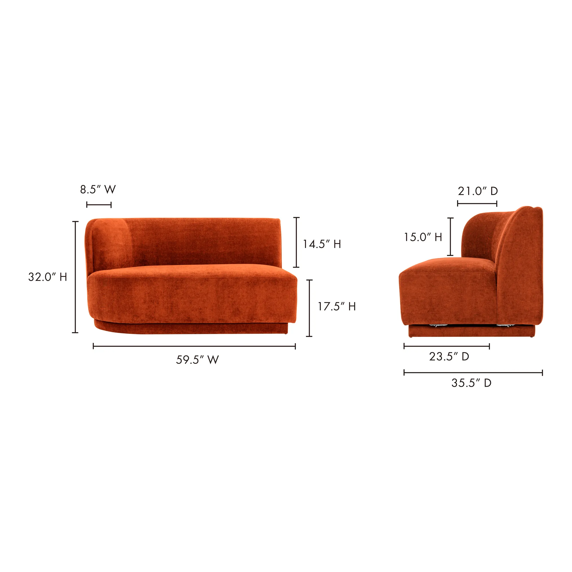 Moe's Home Collection Yoon Red 2 Seat Sofa Left-Facing