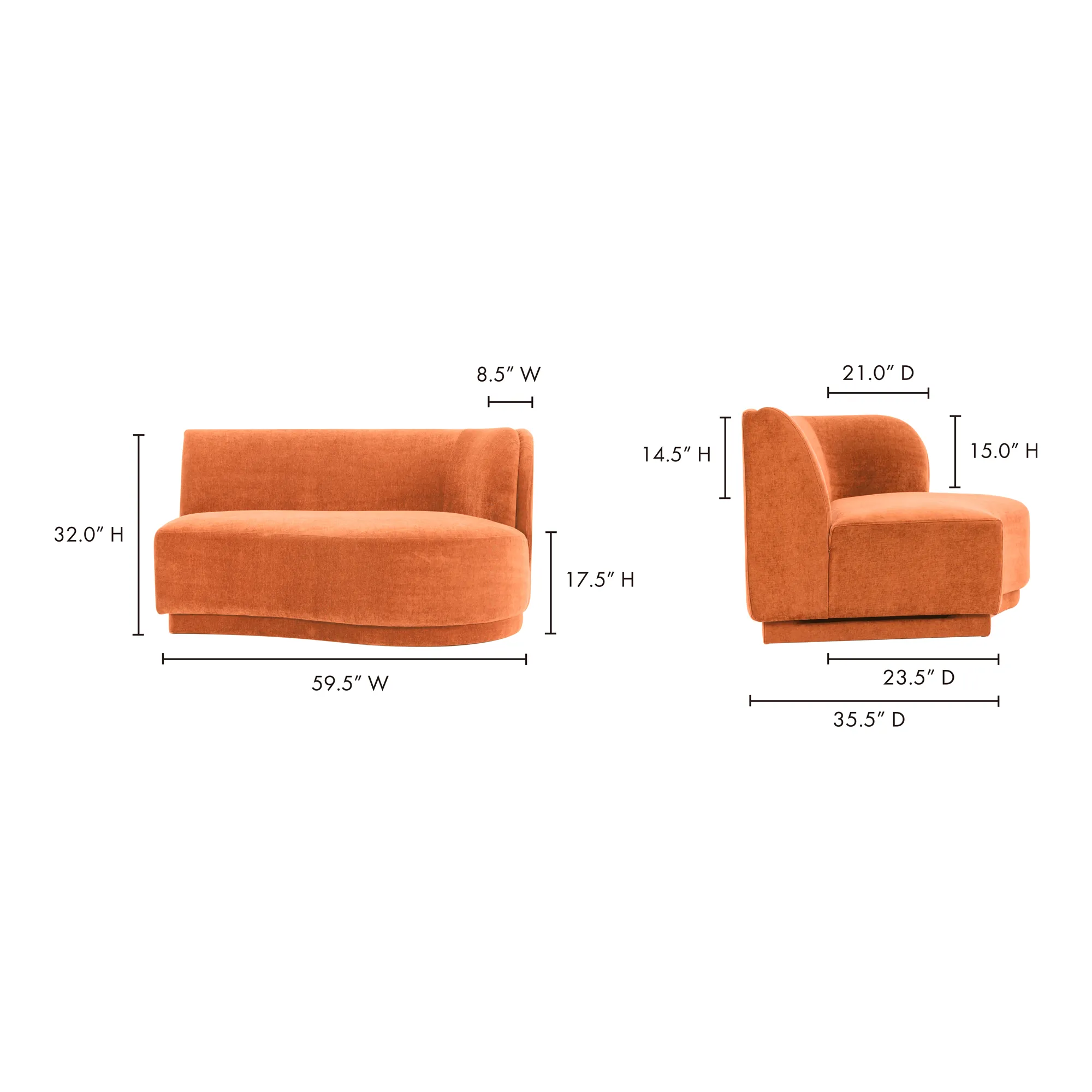 Moe's Home Collection Yoon Red 2 Seat Sofa Right-Facing