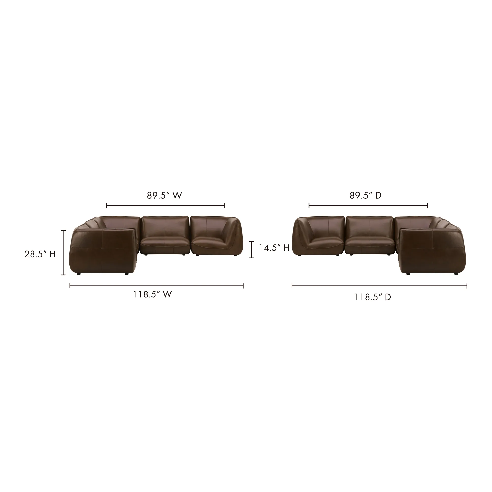 Moe's Home Collection Zeppelin Toasted Hickory Classic L-Shaped Modular Leather Sectional