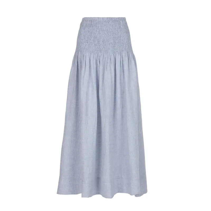 MONDO CORSINI Sula Linen Skirt with Shirred Waist in Sky