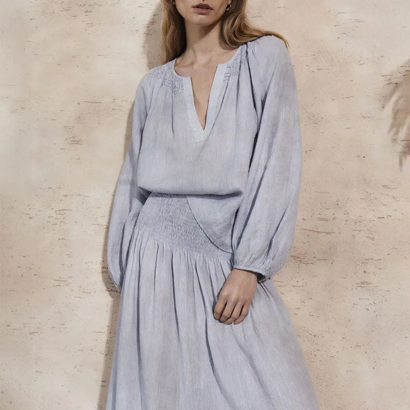 MONDO CORSINI Sula Linen Skirt with Shirred Waist in Sky