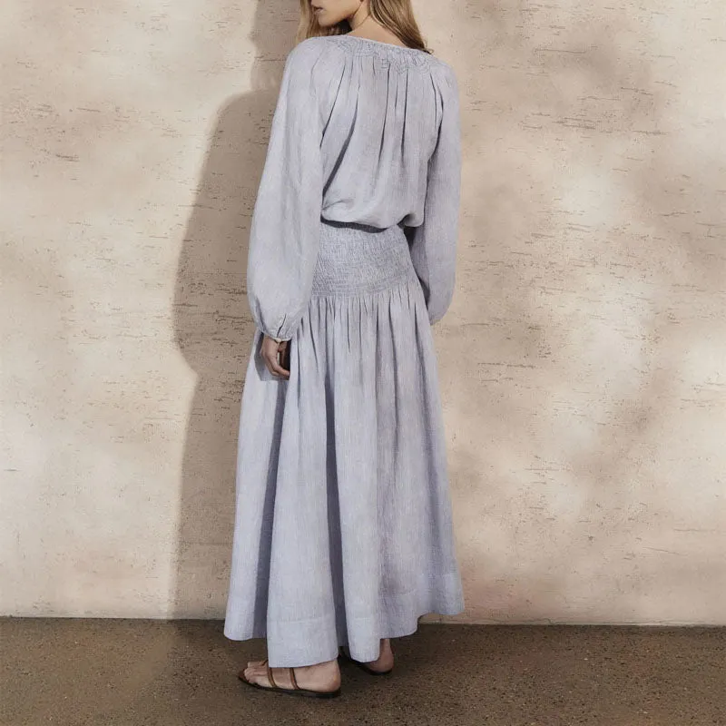 MONDO CORSINI Sula Linen Skirt with Shirred Waist in Sky