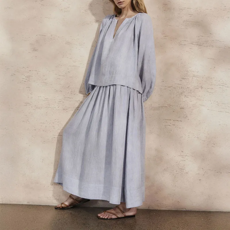 MONDO CORSINI Sula Linen Skirt with Shirred Waist in Sky