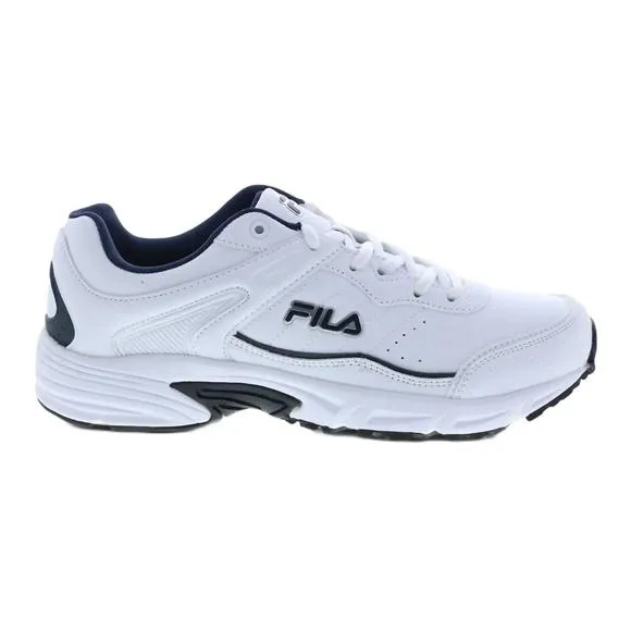 NEW FILA men's memory sportland running shoe in white/fila navy/metallic silver