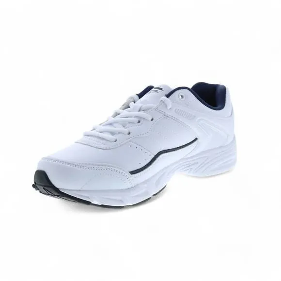 NEW FILA men's memory sportland running shoe in white/fila navy/metallic silver