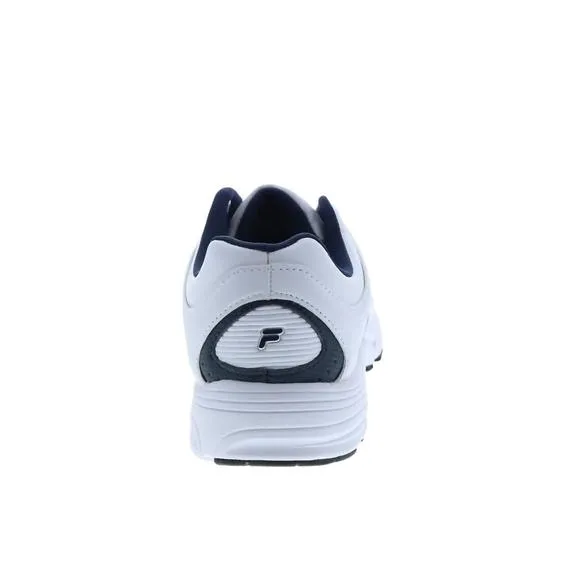NEW FILA men's memory sportland running shoe in white/fila navy/metallic silver