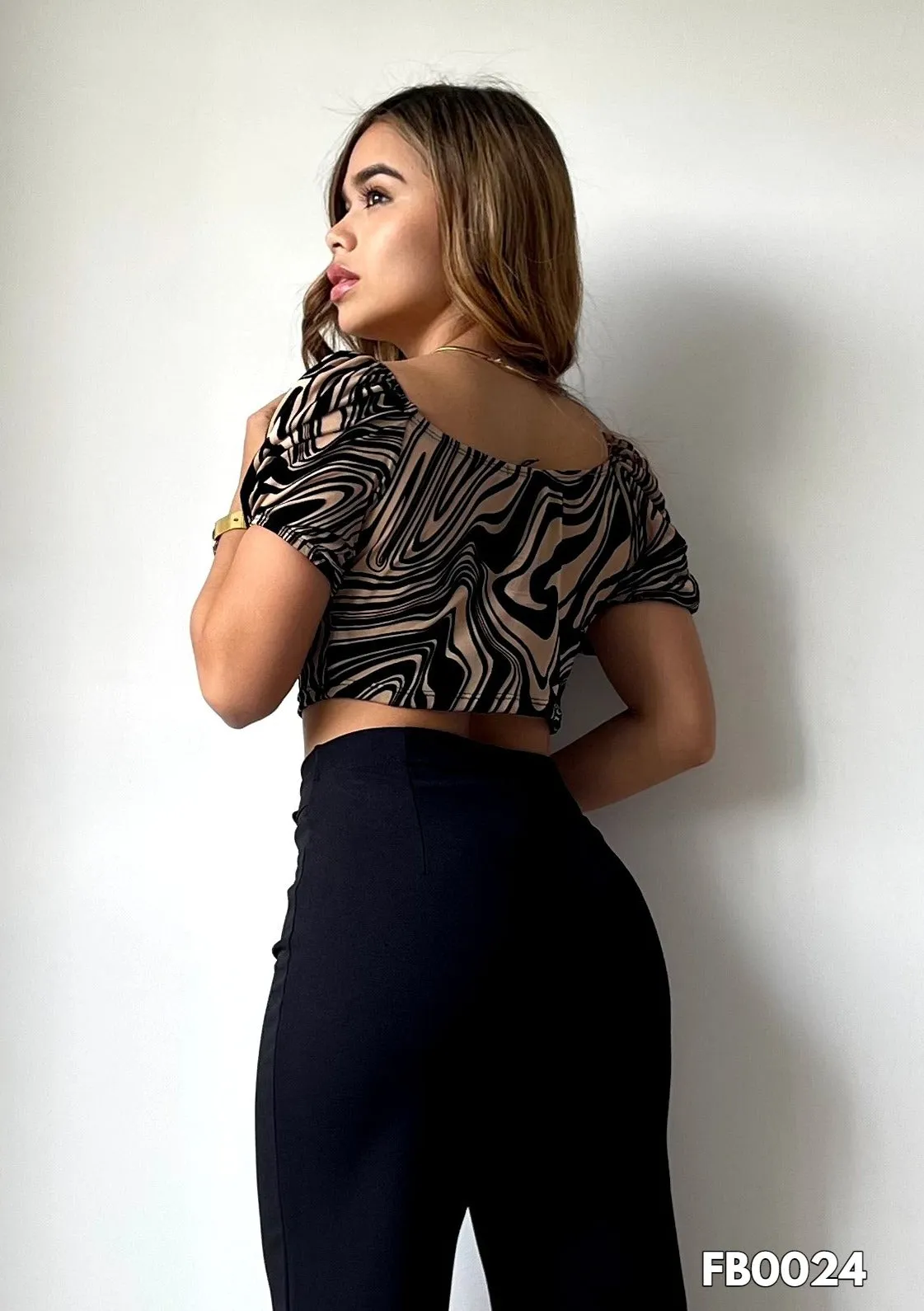 Nude and Black Crop Top with Wavy Velvet Stripes